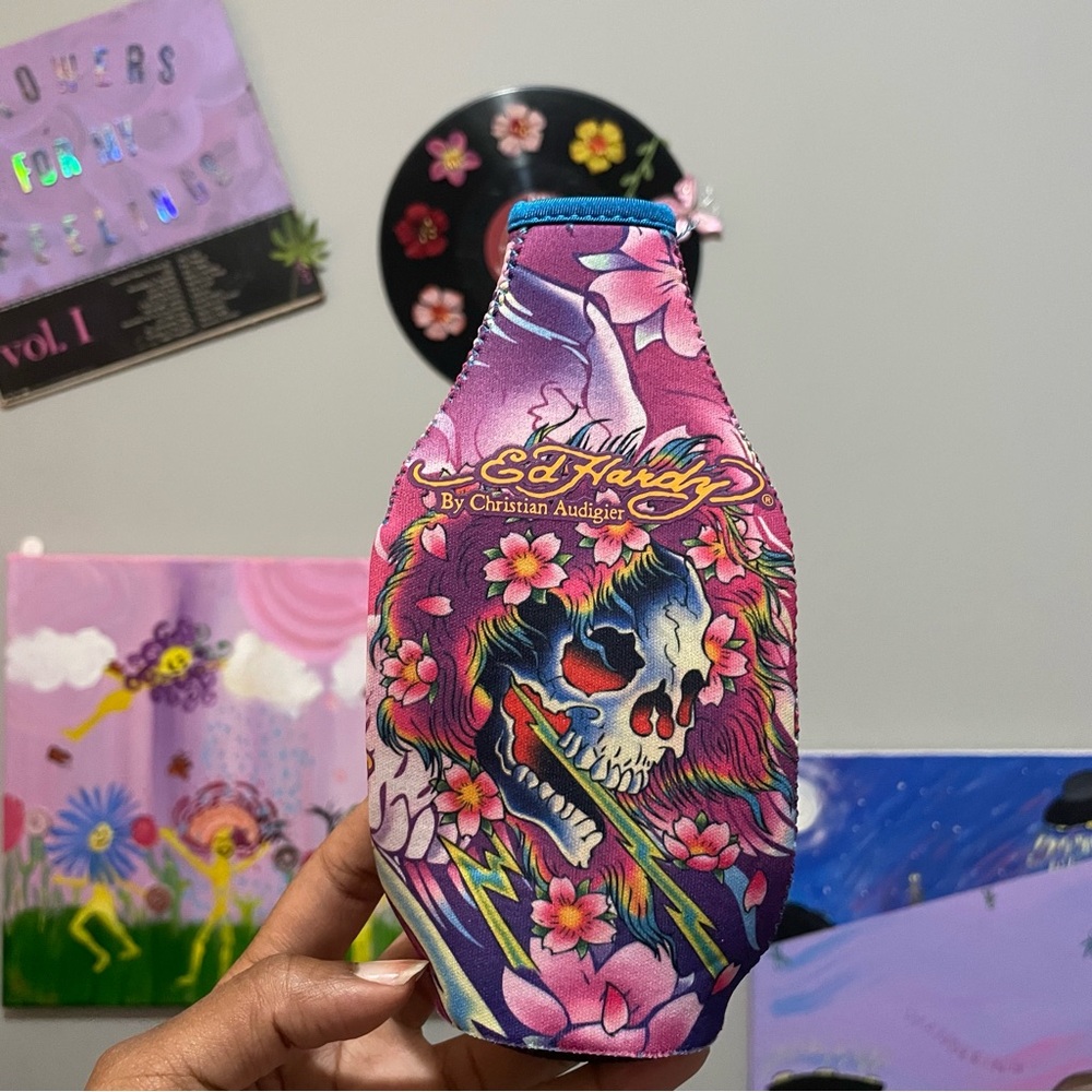Christian Audigier Pink Floral Skull Bottle Cooler